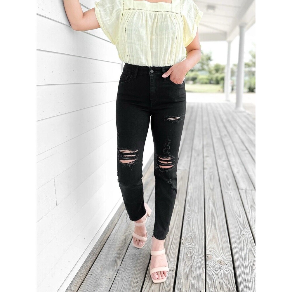 NWT ZENANA Women 31 Hi-Rise Stretch Jeans Distressed‎ Cropped Raw Black Casual
